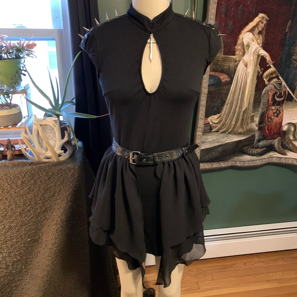 Dolls Kill Widow Sword and Spikes 2 Pc. Bodycon Dress and Sheer Belt/Skirt